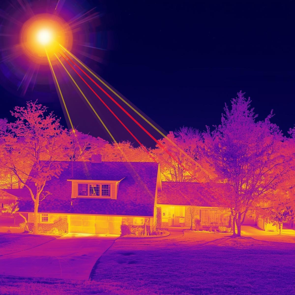 Thermal imaging view of suburban homes showing heat absorption from sunlight on residential rooftops in a Southwest Missouri neighborhood