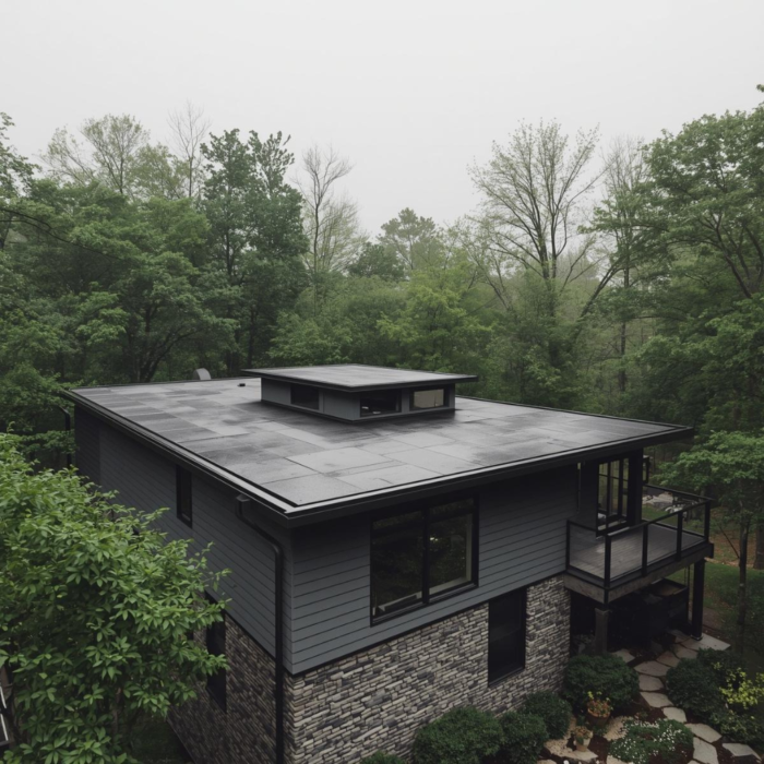 aerial view of a modern home with a dark flat roof surrounded by mature trees in a wooded missouri setting