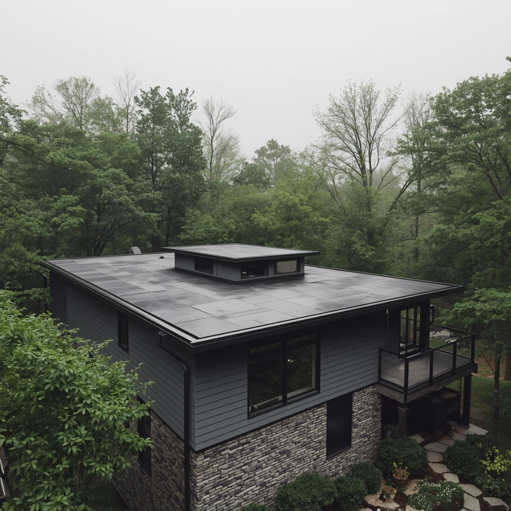 Aerial view of a modern home with a dark flat roof surrounded by mature trees in a wooded Missouri setting