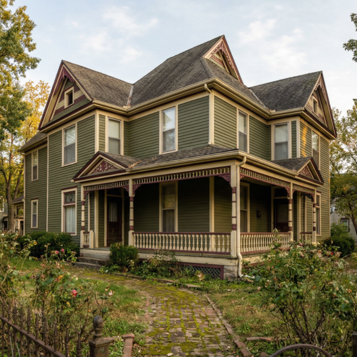 historic victorian home with a complex multi-gable asphalt shingle roof, decorative trim, wraparound porch, and aging brick walkway