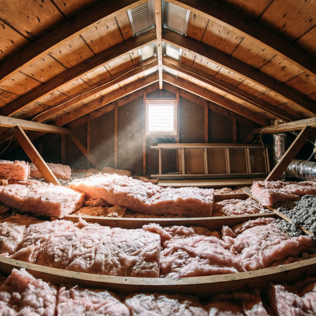 Interior view of a residential attic showing fiberglass batt insulation, exposed roof decking, gable vents, and HVAC ductwork