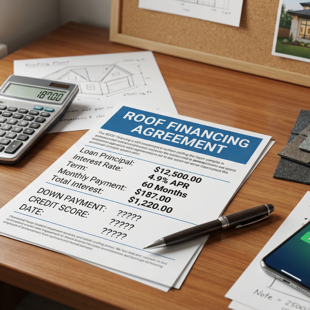 Roof financing agreement document on a desk showing loan terms including principal, interest rate, monthly payment, and term length, alongside a calculator, roofing material samples, and a home blueprint
