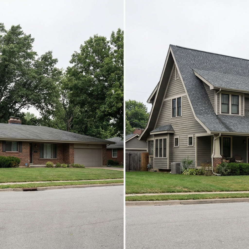 Side-by-side comparison of two Missouri home styles showing a single-story brick ranch with a low-slope roof and a two-story craftsman home with steep gabled architectural shingles. Giving a reference to see how roof cost can be impacted by roof slope.