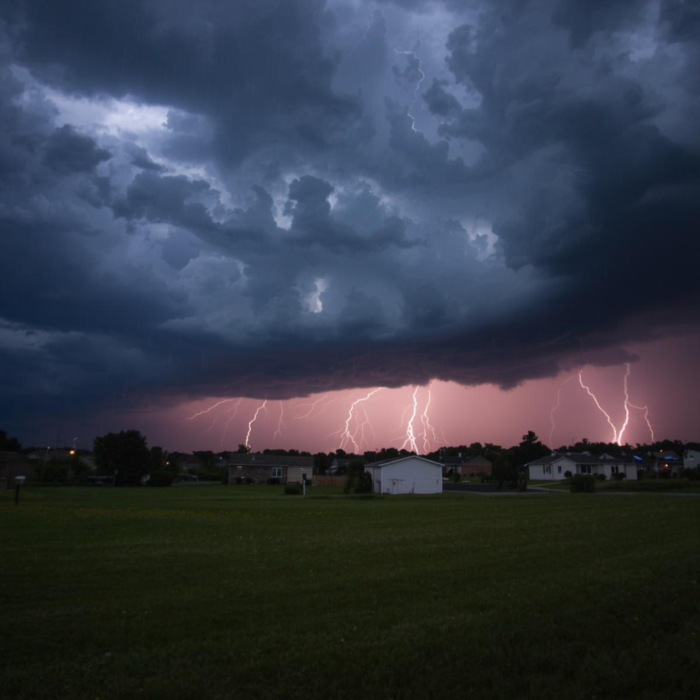 severe thunderstorm with multiple lightning strikes over a residential neighborhood during spring storm season in missouri
