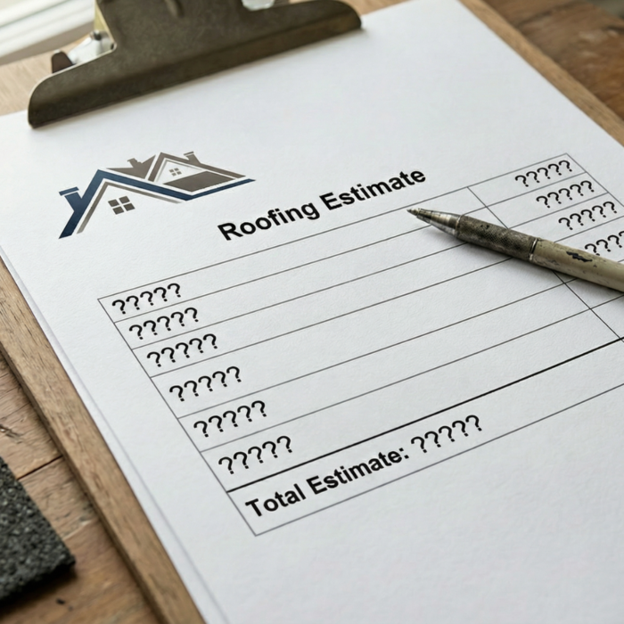 roofing estimate document on a clipboard with question marks replacing line items and costs, illustrating the confusion homeowners face when reading a roof replacement quote
